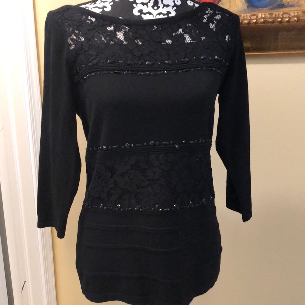 🥰WHBM embellished beaded & lace, horizontal striped detail front sweater